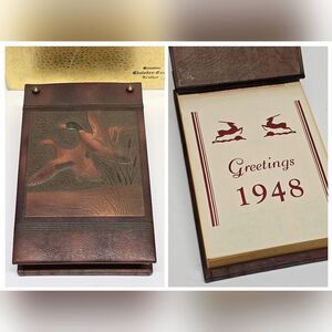 1948 VTG Tear Off Calendar Genuine Ducks Embossed Leather Cover Cloister Craft